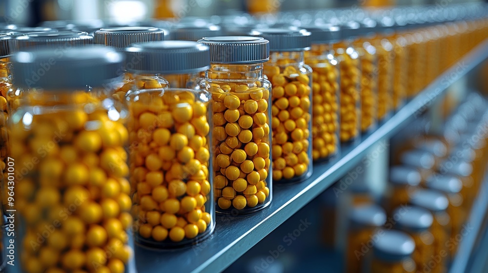 Bottles of vibrant yellow capsules organized on shelves in a well-lit pharmaceutical facility during the day Bottles of vibrant yellow capsules organized on shelves in a well-lit pharmaceutical facility during the day