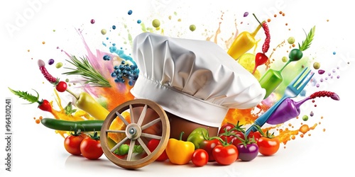 Vibrant, hand-drawn design featuring a stylized chef's hat, utensils, and splashes of colorful ingredients wrapped around a wheel, symbolizing culinary creativity on the move.