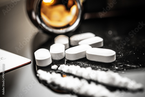 Картината върху платно Close-up of Fentanyl Pills and Powder with Prescription Drug Context in Modern S