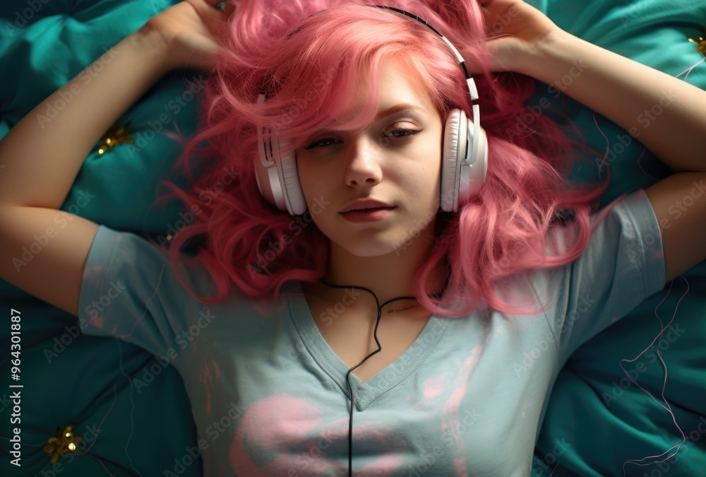 Girl laying on bed with headphones Girl laying on bed with headphones