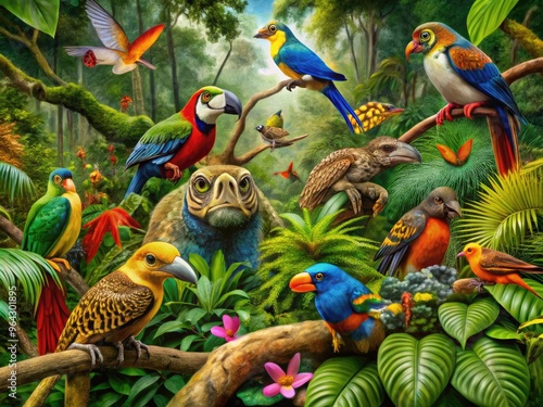 Vibrant Image Showcasing The Diverse Wildlife Inhabiting The Dense And Verdant Rainforest, Capturing Their Unique Beauty And Behaviors. photo