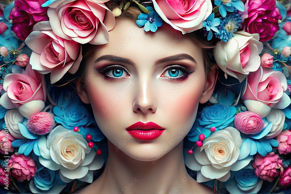 Vibrant, intricately designed floral wreath surrounds a delicate, porcelain-like face with rosy cheeks, bright pink lips, and sparkling blue eyes, exuding elegance and refinement. Vibrant, intricately designed floral wreath surrounds a delicate, porcelain-like face with rosy cheeks, bright pink lips, and sparkling blue eyes, exuding elegance and refinement.