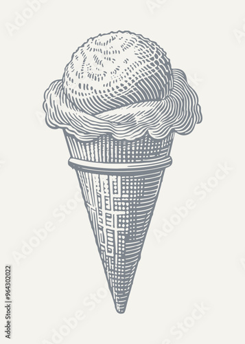 Icecream in Waffle Cone. Vintage woodcut engraving style vector illustration.