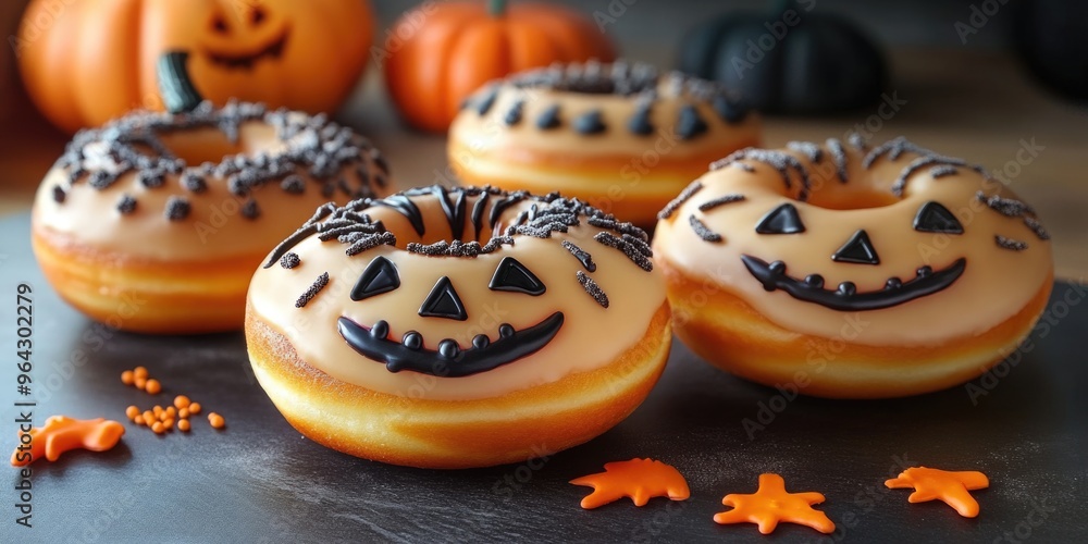 Tasty donuts for Halloween on dark background. AI Generated Tasty donuts for Halloween on dark background. AI Generated