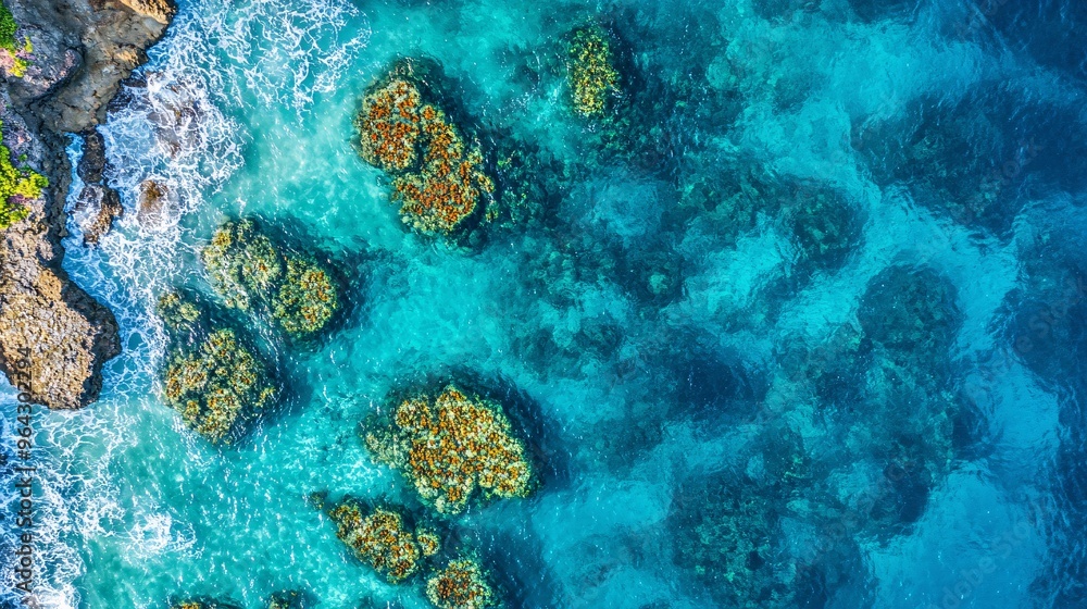 Fototapeta premium Aerial View of a Coral Reef in Crystal-Clear Vibrant Waters