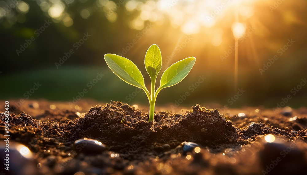 a small plant is growing in the soil in the sun a small plant is growing in the soil in the sun