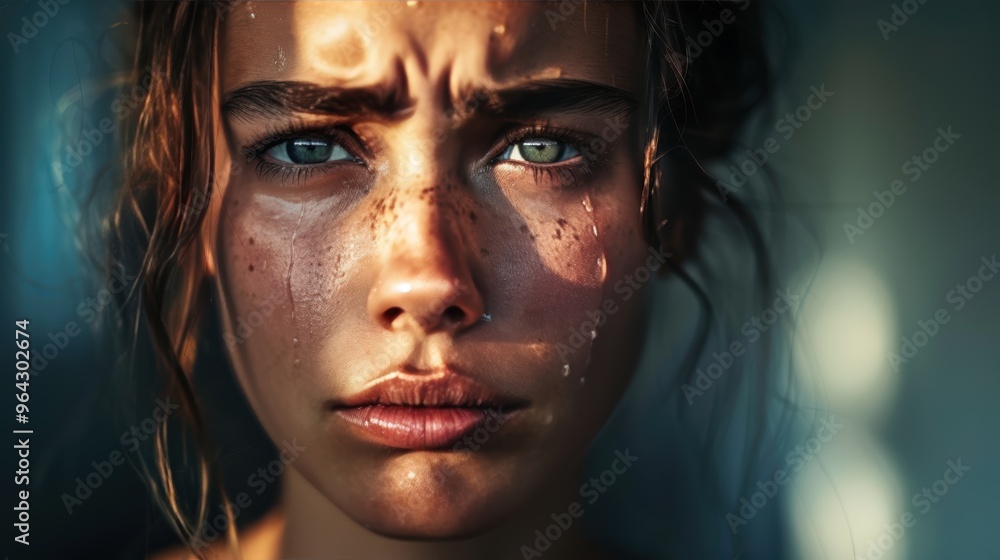 Intense closeup portrait of a young woman with freckles and tears in emotional light Intense closeup portrait of a young woman with freckles and tears in emotional light