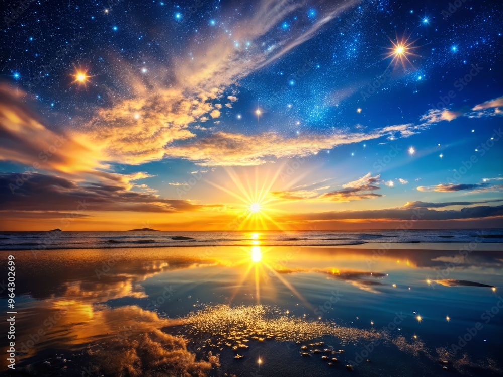 Golden hues fade into deep blues as the sun dips below the horizon, a scattering of stars twinkling like diamonds in the vast evening sky. Golden hues fade into deep blues as the sun dips below the horizon, a scattering of stars twinkling like diamonds in the vast evening sky.