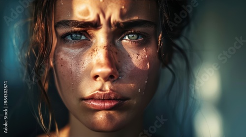 Intense closeup portrait of a young woman with freckles and tears in emotional light