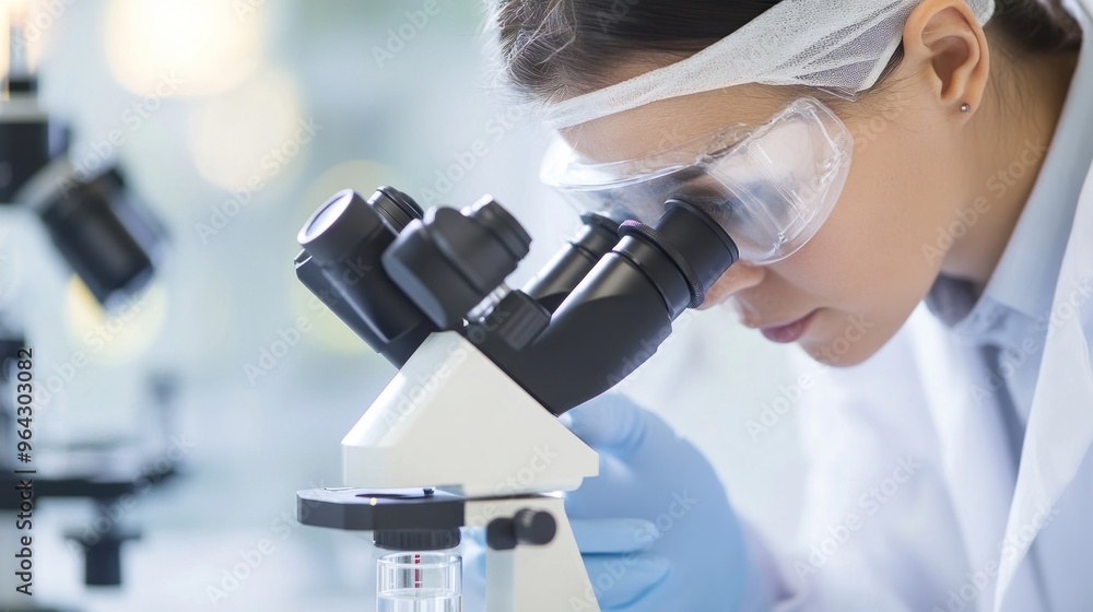 A female scientist looking through a microscope in a lab. A female scientist looking through a microscope in a lab.