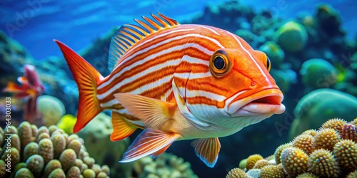 Vibrant orange and white striped bignose fish swims amidst coral reef, its large snout and bright fins standing out against a turquoise ocean background. photo