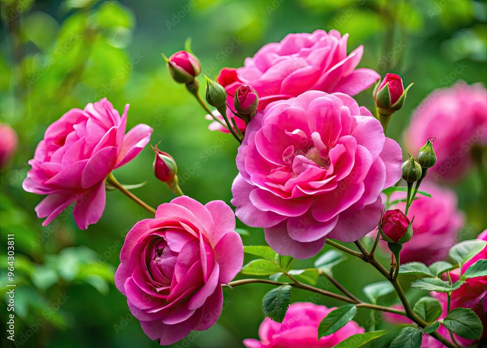 Vibrant pink flowers of the Rose of China plant bloom against a soft blurred green background, showcasing delicate petals and gentle, curved stems. Vibrant pink flowers of the Rose of China plant bloom against a soft blurred green background, showcasing delicate petals and gentle, curved stems.