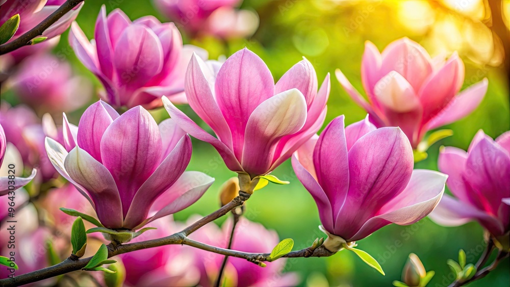 Vibrant pink Indian magnolia flowers bloom against a soft green background, showcasing delicate petals and golden stamens in a stunning display of natural beauty. Vibrant pink Indian magnolia flowers bloom against a soft green background, showcasing delicate petals and golden stamens in a stunning display of natural beauty.