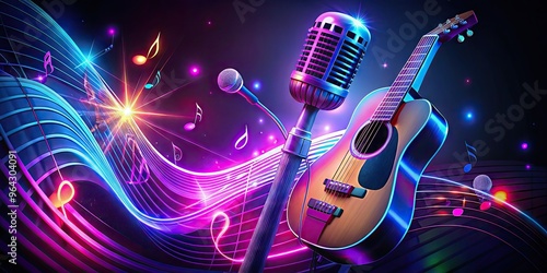 Vibrant purple and blue lights swirl around a stylized microphone, guitar, and music notes on a dark background, evoking a sense of energetic live performance.