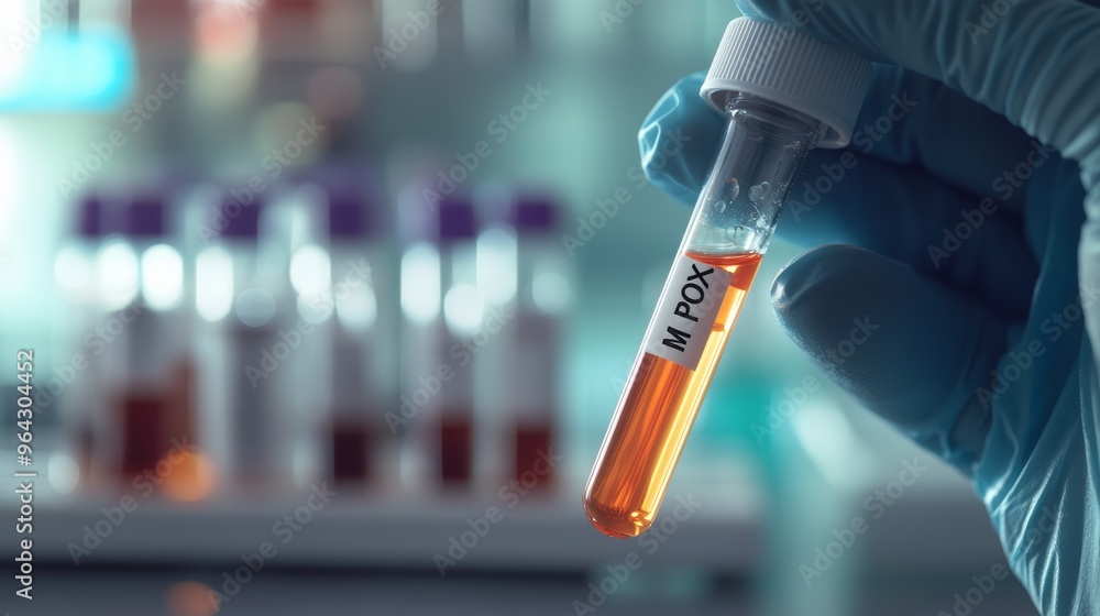 Gloved hand holding a test tube labeled 'M POX' in a lab environment. Represents virus detection and medical testing. Gloved hand holding a test tube labeled 'M POX' in a lab environment. Represents virus detection and medical testing.