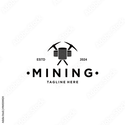 Vintage design of pickaxe in retro style and coin currency, concept for business, label, industrial or mining tool