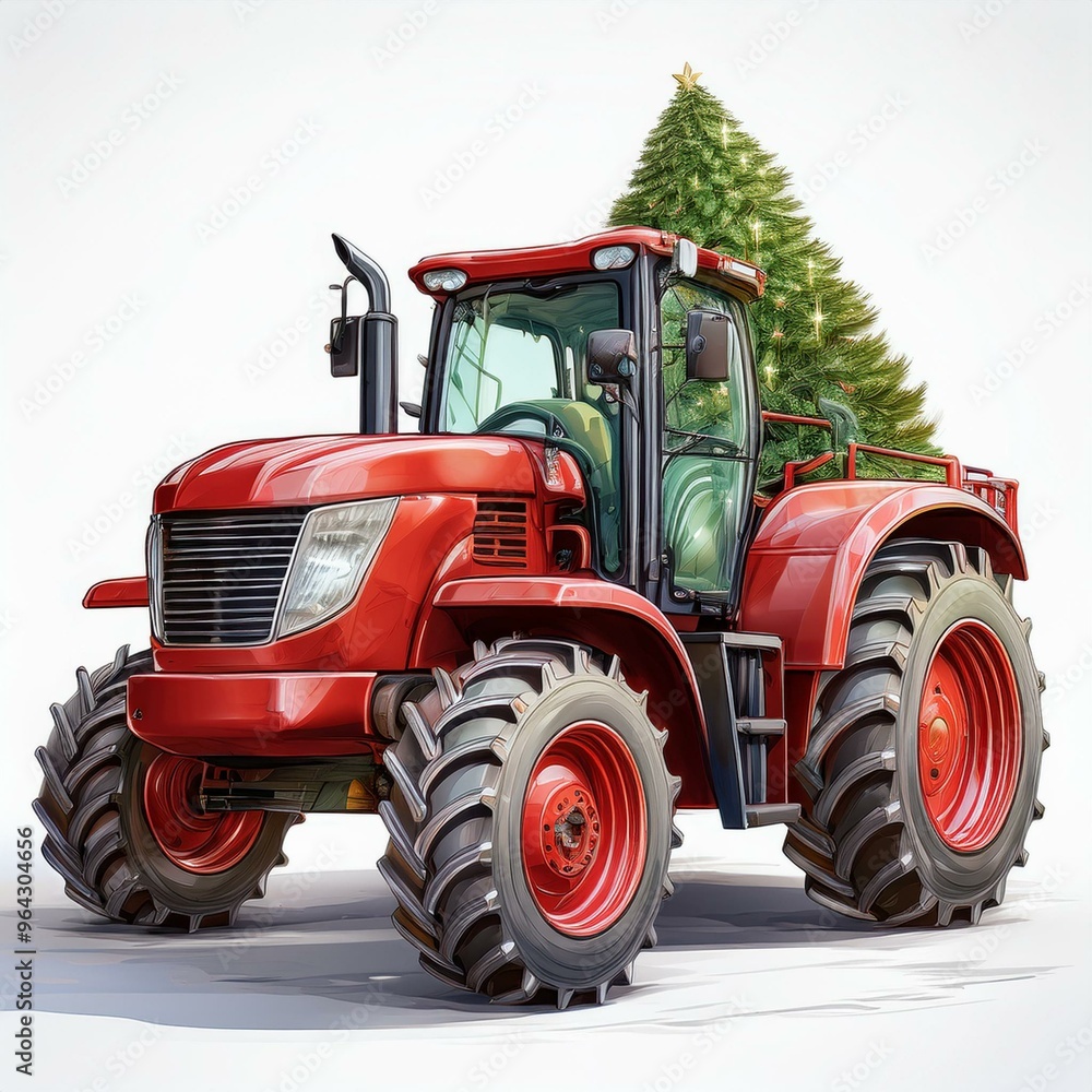 Red tractor carrying a Christmas tree, symbolizing farm holiday preparation and festive rural celebration. Red tractor carrying a Christmas tree, symbolizing farm holiday preparation and festive rural celebration.