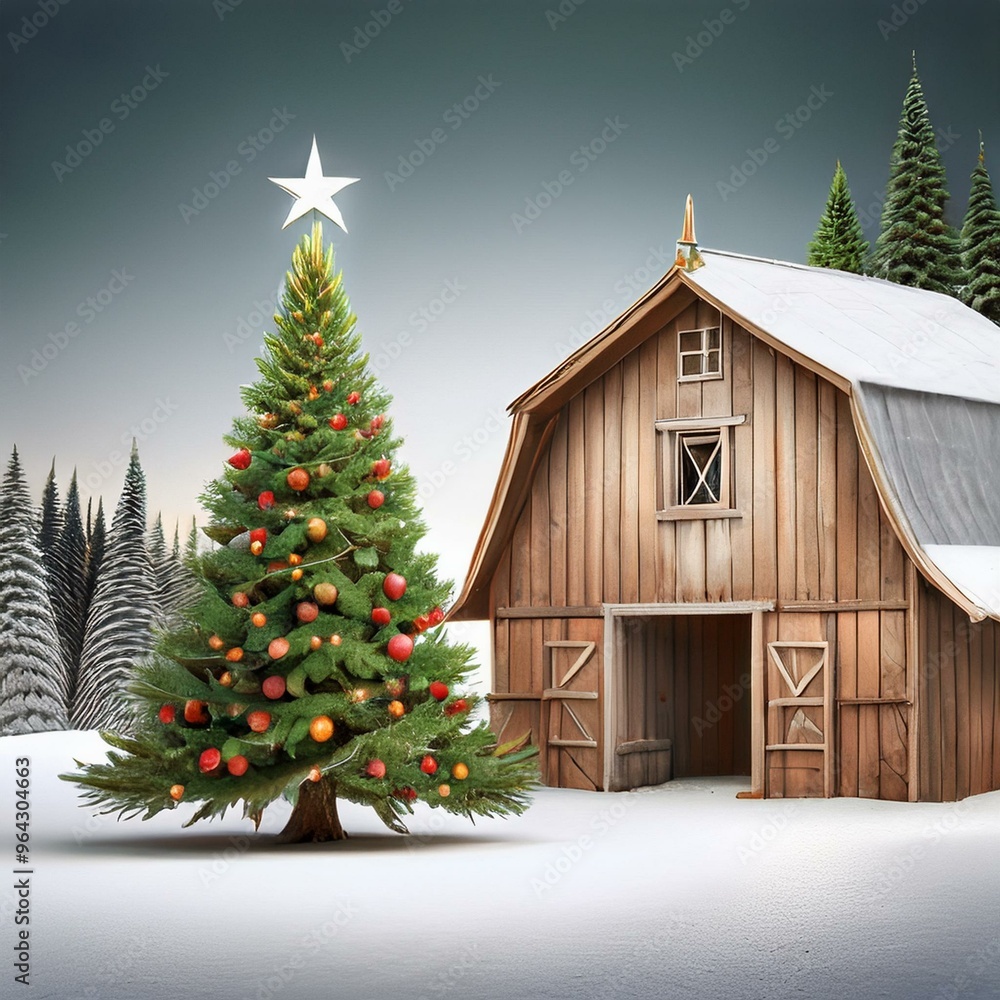 Snowy Christmas scene with a decorated tree and rustic barn, set in a winter wonderland with snow-covered trees in the background. Snowy Christmas scene with a decorated tree and rustic barn, set in a winter wonderland with snow-covered trees in the background.