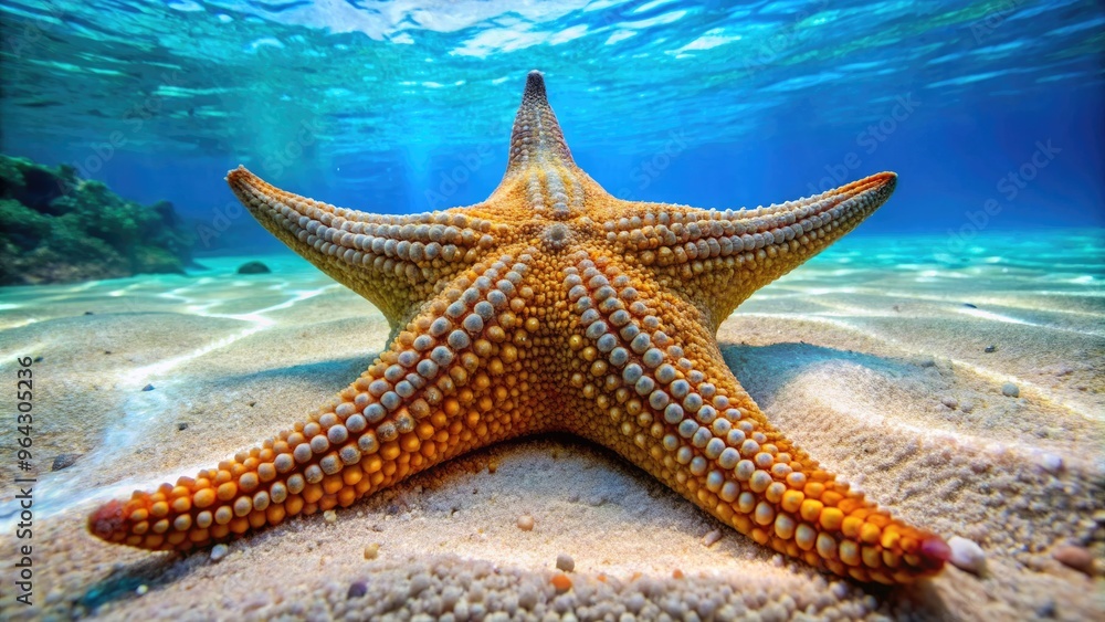 Vibrant Starfish Rests On Sandy Ocean Floor, Its Arms Extended And Curled In Peaceful Slumber Amidst The Tranquil Underwater Environment. Vibrant Starfish Rests On Sandy Ocean Floor, Its Arms Extended And Curled In Peaceful Slumber Amidst The Tranquil Underwater Environment.