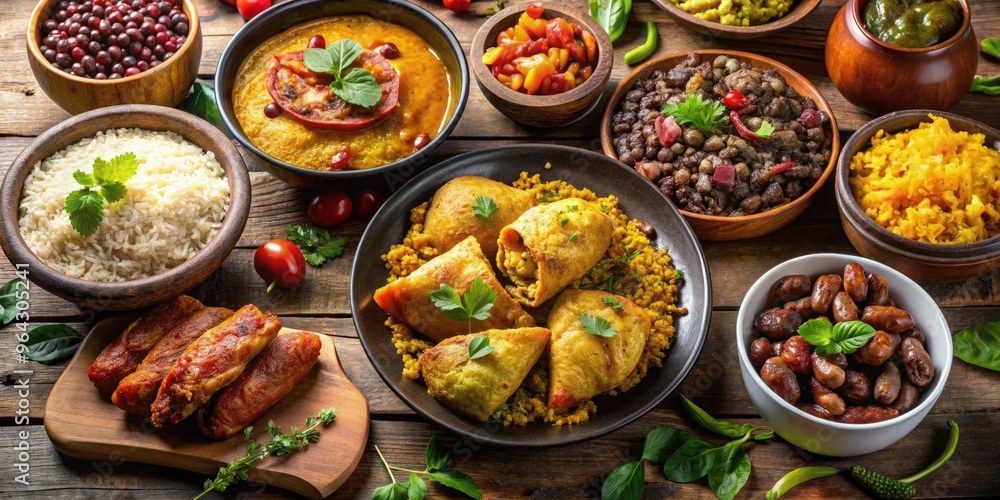 Vibrant Spread Of Traditional Puerto Rican Dishes, Including Mofongo, Empanadas, Rice And Beans, And Roasted Pork. Vibrant Spread Of Traditional Puerto Rican Dishes, Including Mofongo, Empanadas, Rice And Beans, And Roasted Pork.