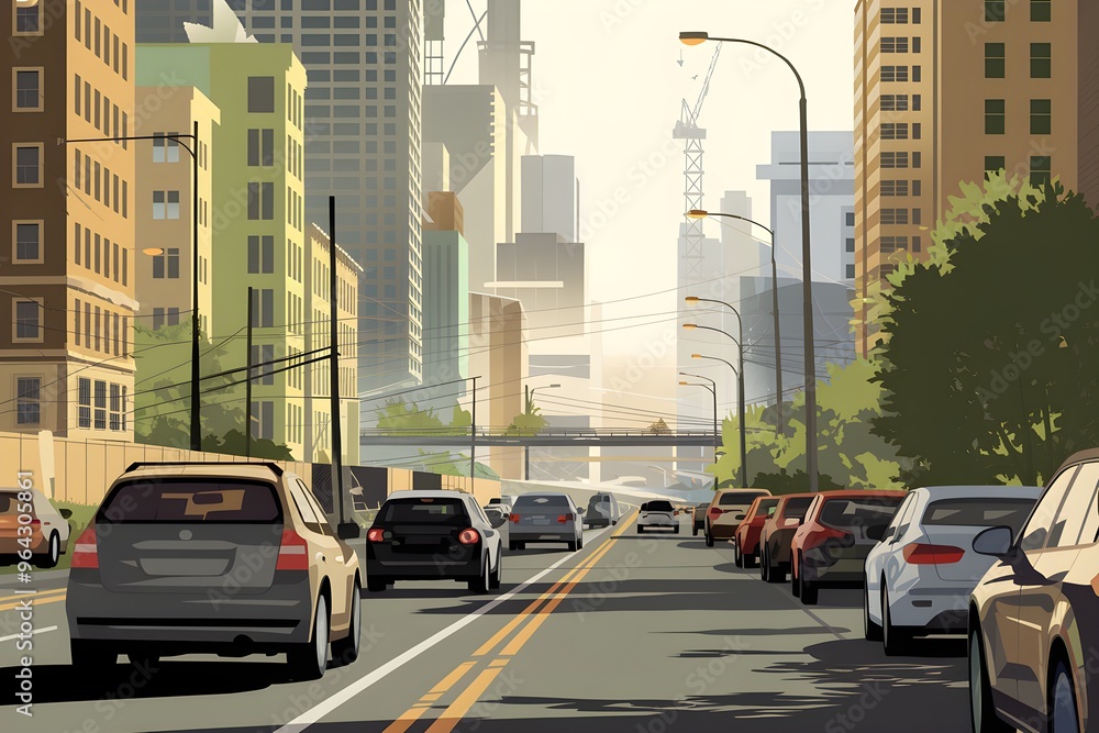 Naklejka premium Bustling urban scene with golden sunlight, multi lane road, and tall buildings