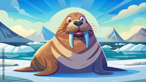 Cute cartoon walrus on a white background of the arctic sea
