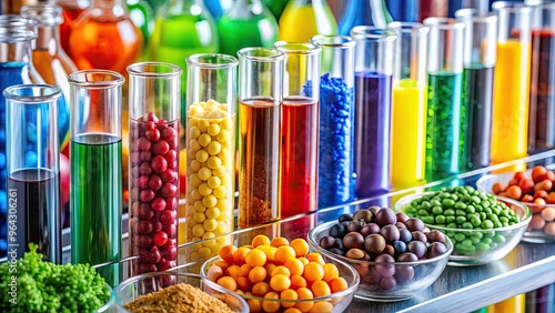 Vibrant test tubes filled with colored liquids sit alongside a periodic table and molecular models, illustrating the chemical formulas behind common food colorings. photo