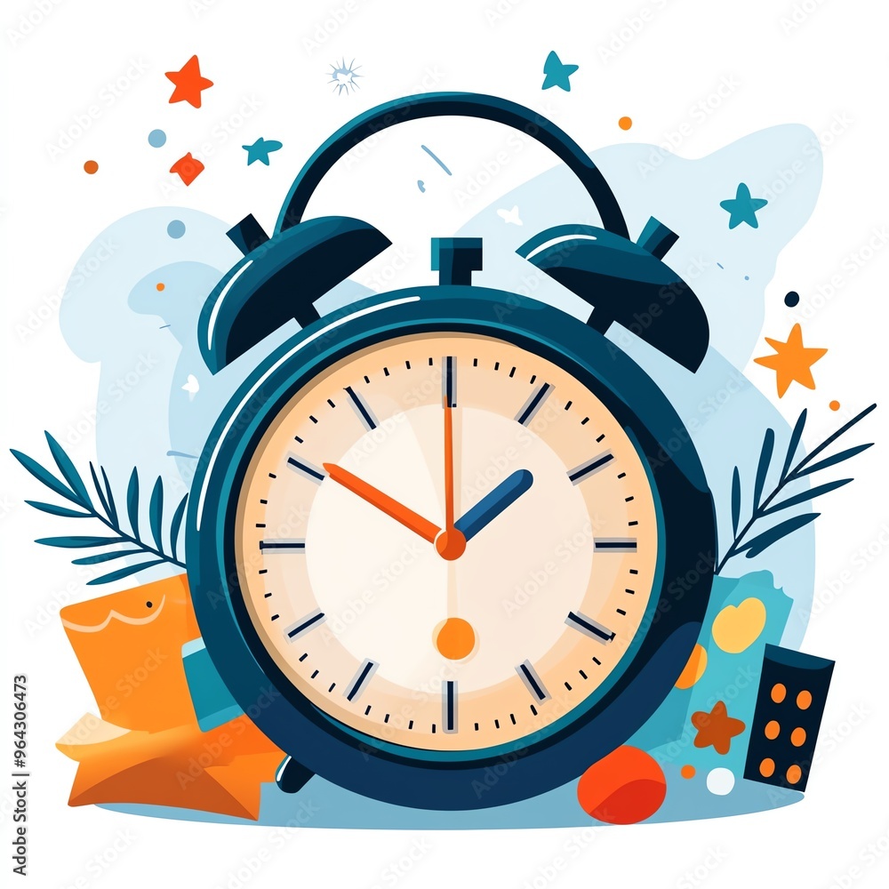 Colorful illustration of an alarm clock surrounded by festive elements, symbolizing the passage of time and celebration. Colorful illustration of an alarm clock surrounded by festive elements, symbolizing the passage of time and celebration.