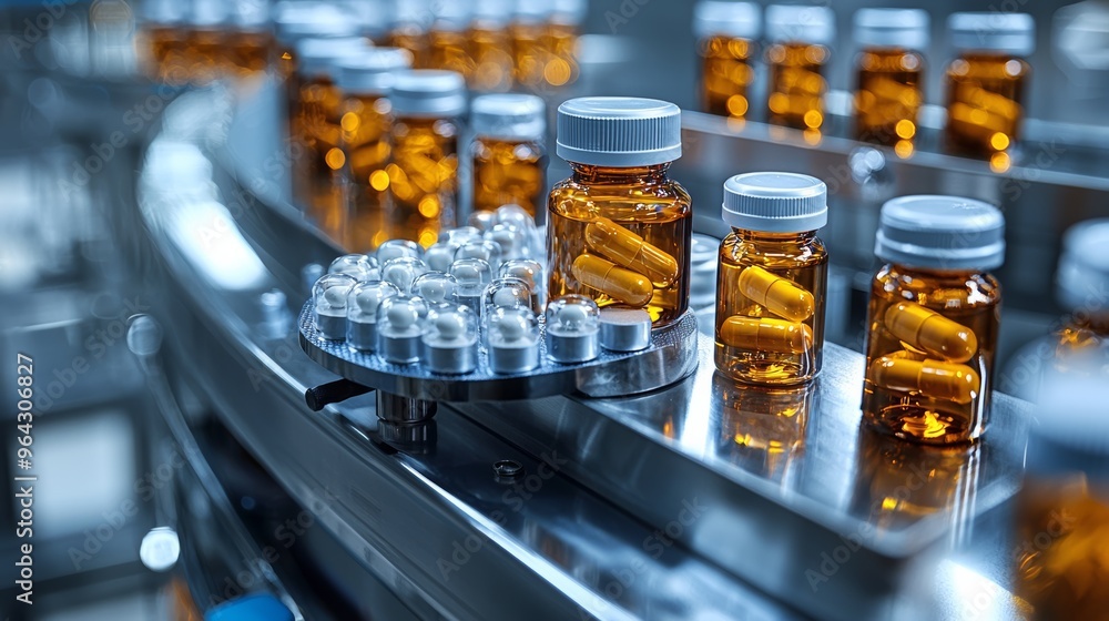 Bottles of capsules and tablets on a production line in a pharmaceutical facility during a quality inspection process Bottles of capsules and tablets on a production line in a pharmaceutical facility during a quality inspection process