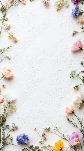 blank white background with a delicate border of pastel flowers