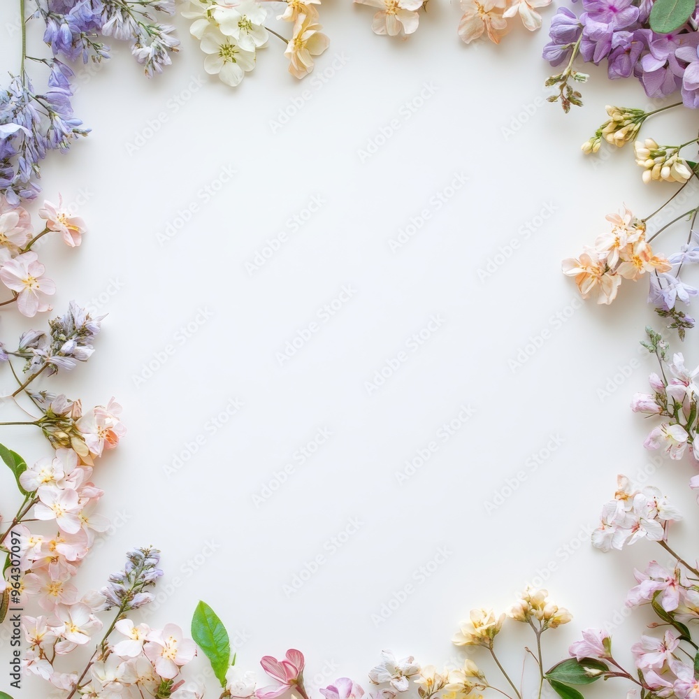 blank white background with a delicate border of pastel flowers blank white background with a delicate border of pastel flowers