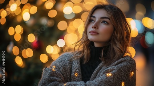 Wallpaper Mural Cozy winter evening: woman admiring festive christmas lights in sweater Torontodigital.ca