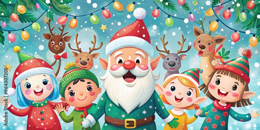 Fototapeta premium Vibrant, whimsical illustration of festive holiday characters, including jolly Santa, cheerful reindeer, and joyful elves, amidst snowflakes, ornaments, and twinkling lights, evoking joy and wonder.