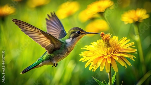 Vibrant yellow flower blooms in a lush green meadow, attracting a delicate hummingbird sipping nectar, its iridescent feathers glistening in warm sunlight.