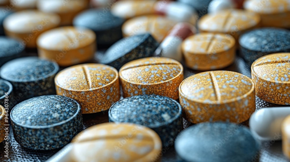 Close-up of vibrant orange and black pills scattered on a surface, highlighting their varied shapes and textures during a wellness focus Close-up of vibrant orange and black pills scattered on a surface, highlighting their varied shapes and textures during a wellness focus