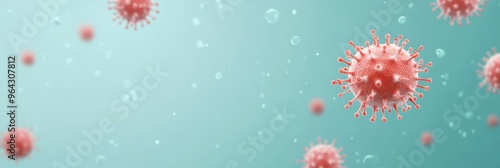 Red virus particles floating in the air against a teal background. Close-up illustration of viral infection spread and healthcare