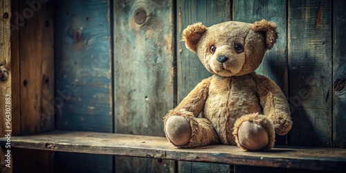 Vintage teddy bear with worn, faded fur, stitched nose, and endearing glass eyes, sitting alone on a distressed wooden shelf, exuding nostalgia and forgotten memories. photo