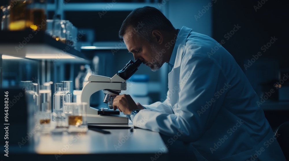 Scientist in a lab analyzing viral samples late at night. Represents intensive research efforts on monkeypox virus spread and healthcare response. Scientist in a lab analyzing viral samples late at night. Represents intensive research efforts on monkeypox virus spread and healthcare response.