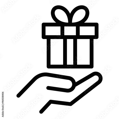 Outlined hand holding a gift box with a bow. Vector illustration of present, generosity, and giving. Editable stroke.