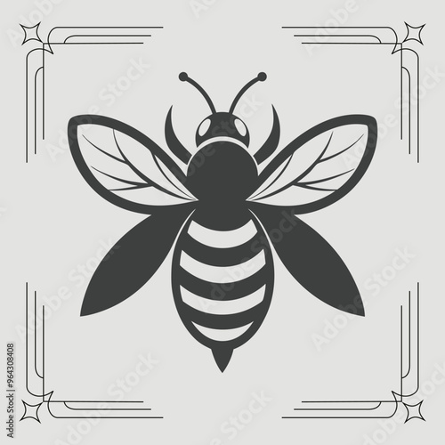 Minimalist vector illustration of a bee in flight, featuring bold black lines and smooth curves.