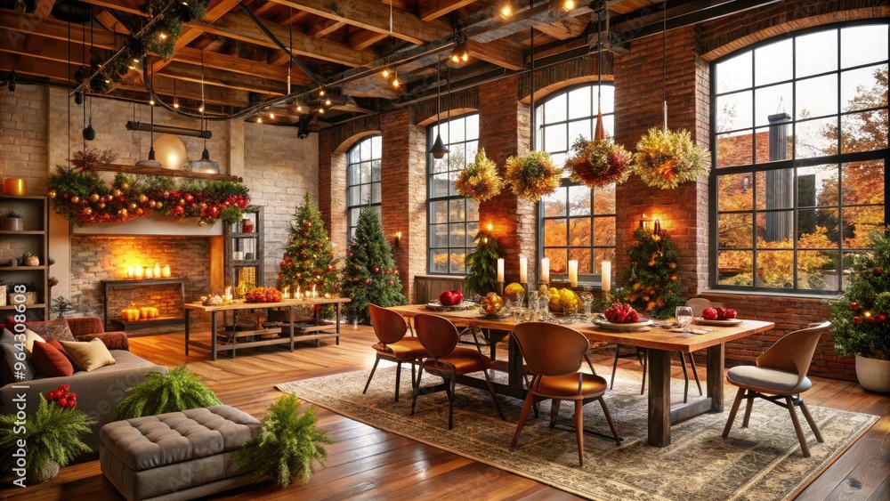 Warm autumnal shades and rustic accents create a cozy atmosphere in a shared workspace, perfect for holiday team celebrations and collaborative gatherings. Warm autumnal shades and rustic accents create a cozy atmosphere in a shared workspace, perfect for holiday team celebrations and collaborative gatherings.