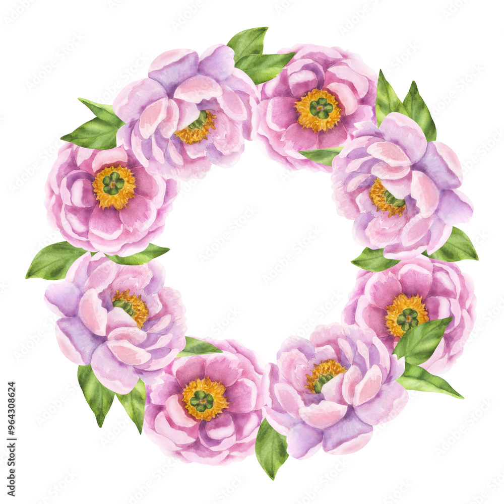 Fototapeta premium Pink peony round wreath flower frame. Floral print buds and green leaves. Hand drawn watercolor illustration isolated background. For printing postcards, invitations, textile, clothes, greeting cards