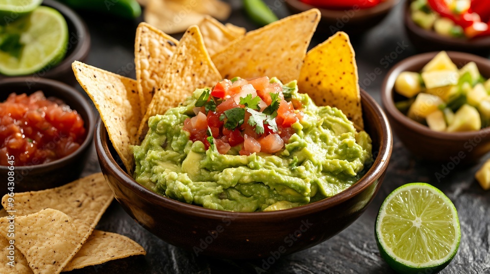 A close up of a bowl of guacamole with tortilla chips, surrounded by small ceramic bowls filled with salsa, limes, and bright chili peppers on a dark stone background A close up of a bowl of guacamole with tortilla chips, surrounded by small ceramic bowls filled with salsa, limes, and bright chili peppers on a dark stone background