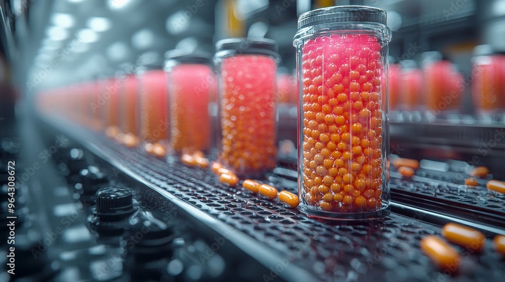 Colorful capsules and beads are processed on a conveyor belt in a pharmaceutical manufacturing facility in the morning light Colorful capsules and beads are processed on a conveyor belt in a pharmaceutical manufacturing facility in the morning light
