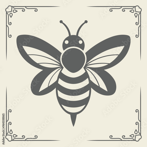 Minimalist vector illustration of a bee in flight, featuring bold black lines and smooth curves.