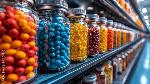 Colorful jars filled with bright candies arranged neatly on shelves in a candy shop during daylight hours