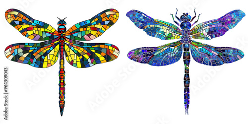 Stunning mosaic dragonfly artwork featuring vibrant colors and intricate designs, perfect for nature and art enthusiasts.