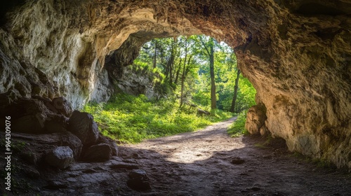 View can be seen from the entrance of a cave, revealing vibrant greenery and soft sunlight