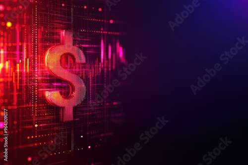 Neon dollar sign in dark abstract background with red and orange lighting effects. Concept of finance, investment, wealth and money.