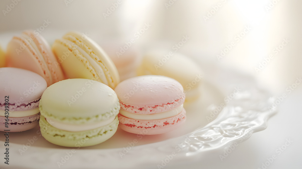 Artistic Close-Up of Delicate Macarons in Various Pastel Colors Arranged on a Porcelain Plate, Showcasing Elegant Dessert Presentation with Soft Hues and Refined Details